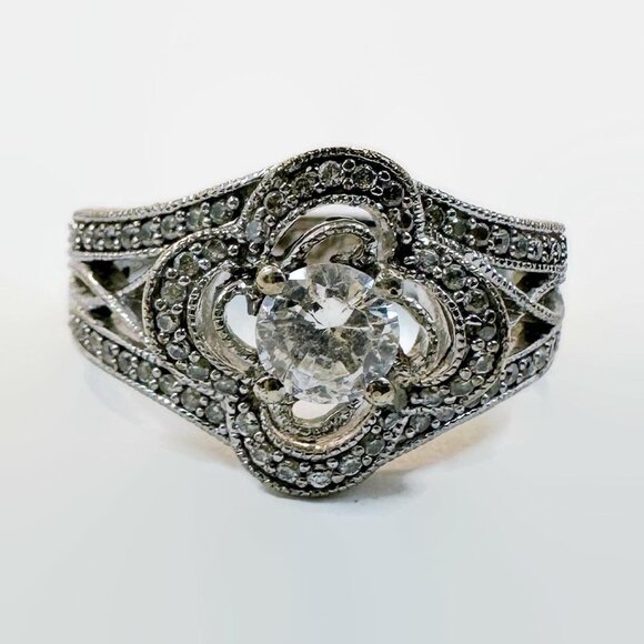 Quartz Ring, Sterling Silver, Faceted Quartz, Clear, Faux Diamond, Size 7,Ornate - Picture 1 of 6
